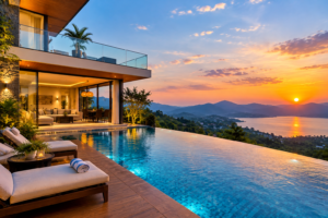 luxury villa infinity pool at sunset